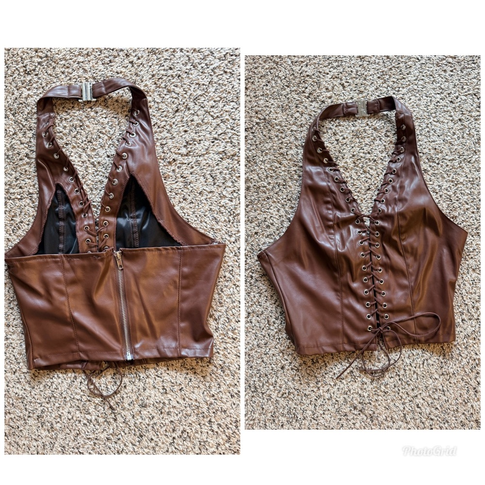 Brown Halter Lace-Up Women Top